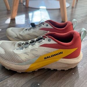 Salomon Red and White Trail Shoes with Yellow Detail